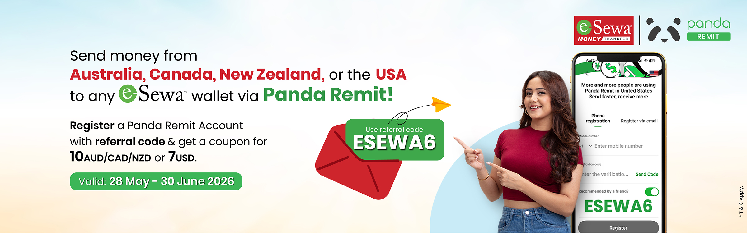 Register a new account on Panda Remit using the exclusive referral code ESEWA6, you will instantly receive a welcome coupon based on your location: - Banner Image